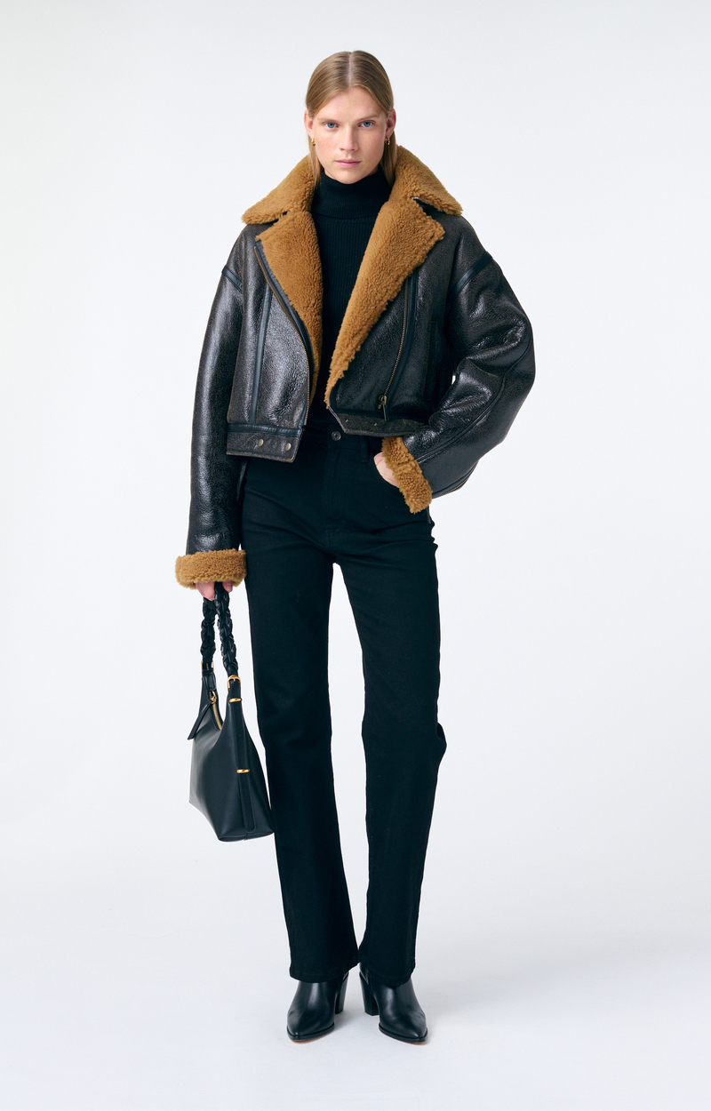 Blouson/manteau VANESSA BRUNO - Taille 38 - Couleur Bleu Marine - Capuche à Contour De Fausse Fourrure - Occasion Très Bon état (TBE)